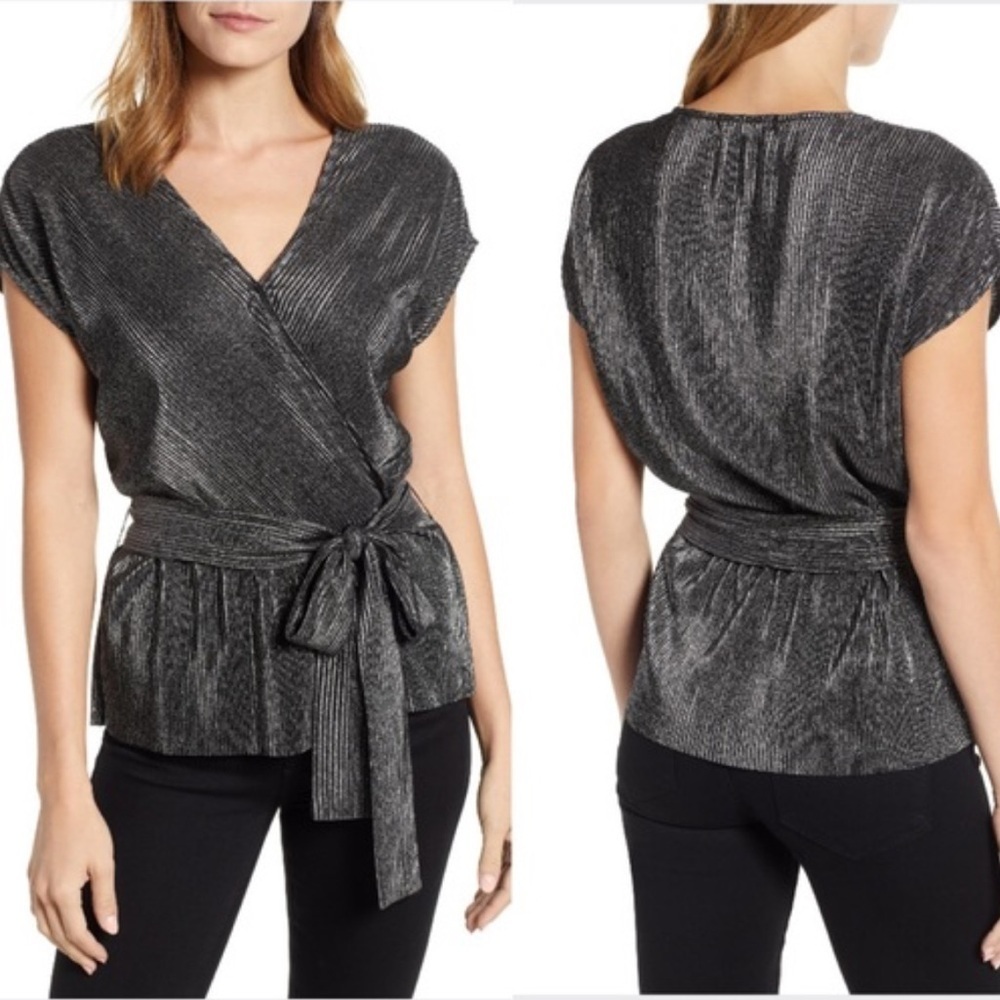 Gibson Black Shimmer Faux Wrap V-Neck Blouse Metallic Party Top Size Large